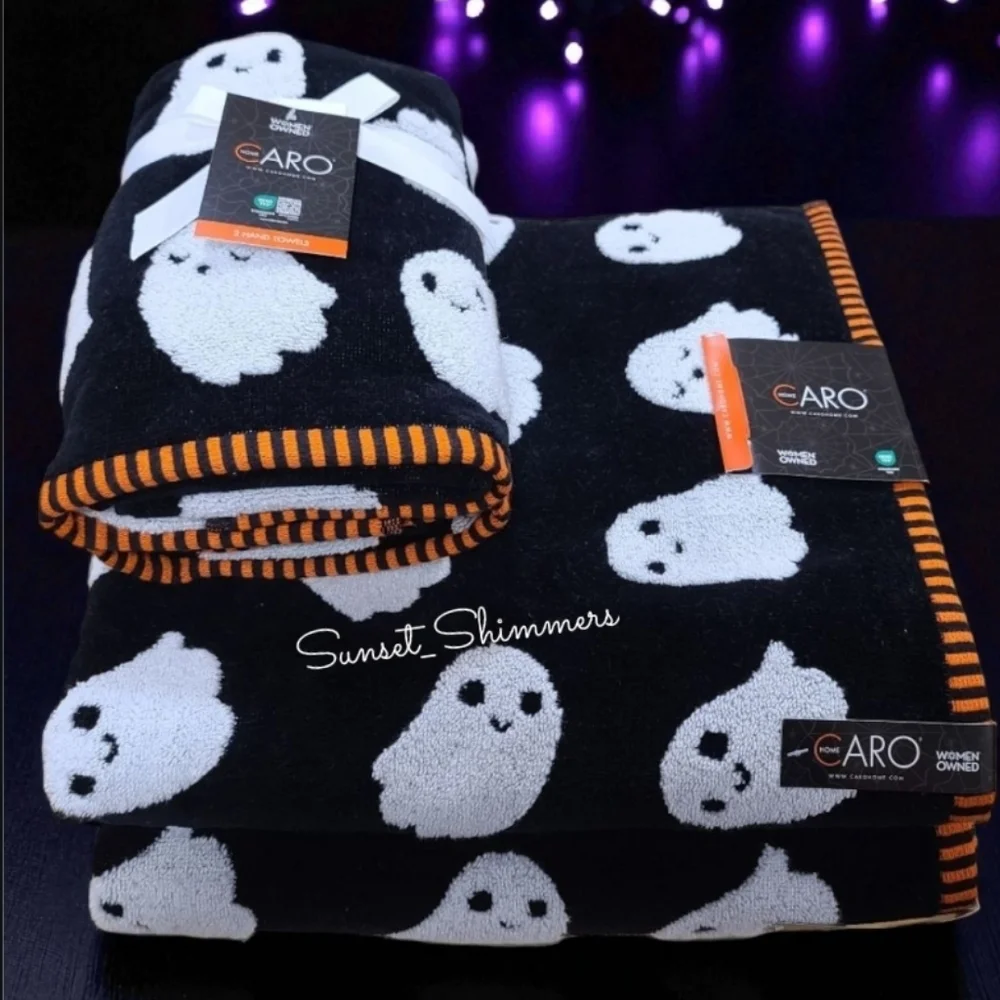 4pc Halloween Ghost Black White Orange Plush Bath & Hand Towel Set Caro Home New